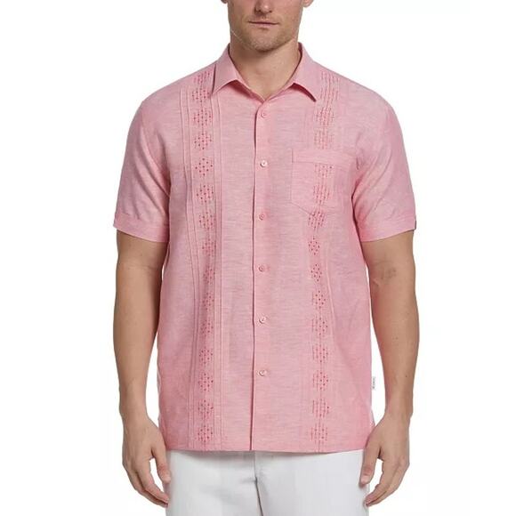 Cubavera Men's Embroidered Pintucked Panel Button Down Shirt Pink Linen L - Picture 1 of 9